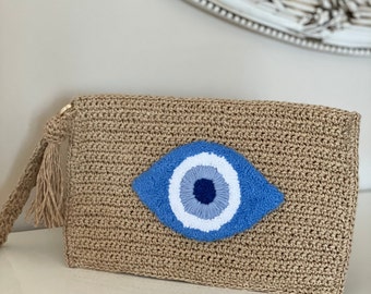 Evil Eye Straw Clutch, Unique Nazar Clutch, Kinitted Bag, Summer Bag, Blue Evil Eye, Beach Bag