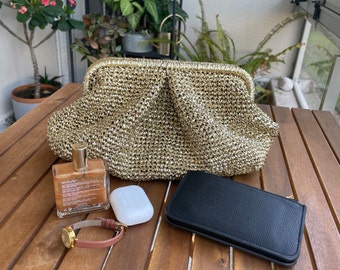 Crochet Metallic Raffia Clutch Bag , Evening Knitted Pouch Bag , Handmade Metallic Clutch  Bag