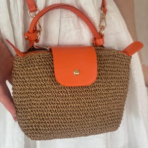 Raffia Longchamp Mini Tasche, Häkeltasche, Strohtasche, Umhängetasche, Henkeltasche, Schultertasche, Schultertasche, 3in1Bag, orange Strohtasche