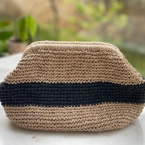 Handmade Boho Crochet Raffia Tote: Black & Natural Woven Shoulder Bag