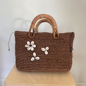 Crochet Raffia Bag, Bamboo Handle Bag, Straw Handbag, Gift for Mom, Handmade Bag, Boho Bag, Summer Bag, Beach Bag, Wicker Bag, Jute Bag