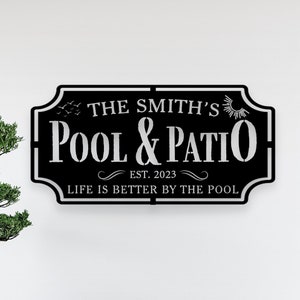 Personalized Family Poolside Metal Sign with Palm Tree Tropical Design Wall Art-Tiki Bar Backyard Decor Welcome to The Patio Wall Hanging image 1