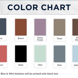 Peut inclure: Tableau de couleurs pr&eacute;sentant dix &eacute;chantillons de couleurs : Marine, Marron, Mauve Poussi&eacute;reux, Taupe, Marron Fonc&eacute;, Corail, Noir, Menthe, Ardoise et Bleu Clair. Le texte en haut indique "COLOR CHART". Le texte en bas indique que les couvertures Bleu Clair et Menthe seront imprim&eacute;es en noir.