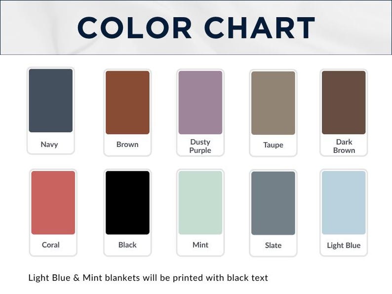 Peut inclure: Tableau de couleurs pr&eacute;sentant dix &eacute;chantillons de couleurs : Marine, Marron, Mauve Poussi&eacute;reux, Taupe, Marron Fonc&eacute;, Corail, Noir, Menthe, Ardoise et Bleu Clair. Le texte en haut indique "COLOR CHART". Le texte en bas indique que les couvertures Bleu Clair et Menthe seront imprim&eacute;es en noir.