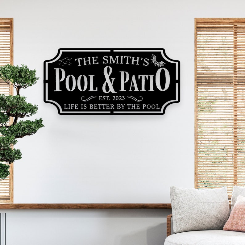 Personalized Family Poolside Metal Sign with Palm Tree Tropical Design Wall Art-Tiki Bar Backyard Decor Welcome to The Patio Wall Hanging image 1