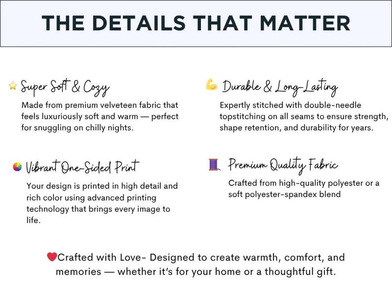 Peut inclure: Fond blanc avec le texte : &laquo; LES D&Eacute;TAILS QUI COMPTENT &raquo;. Les d&eacute;tails incluent &laquo; Super doux et confortable &raquo;, &laquo; Durable et durable &raquo;, &laquo; Impression vibrante sur une face &raquo; et &laquo; Tissu de qualit&eacute; sup&eacute;rieure &raquo;.