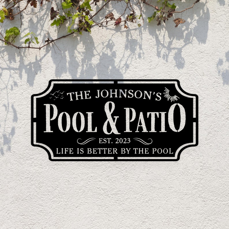 Personalized Family Poolside Metal Sign with Palm Tree Tropical Design Wall Art-Tiki Bar Backyard Decor Welcome to The Patio Wall Hanging image 4