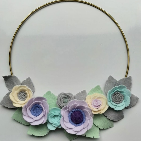 Felt Flower Wreath, Metal Hoop Wreath, Wool Felt Flowers Wreath, Hand Cut Felt Flowers Wreath, Front Door Wreath, All Year Wreath