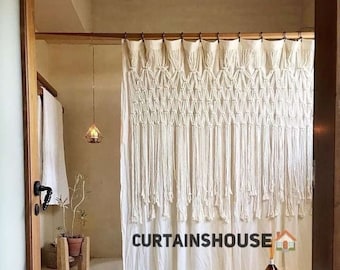 Premium Boho Shower curtain, Organic cotton fabric Macrame Shower Curtain, Boho Bathroom Decor, Farmhouse Decor, tassel bath Curtain{ C52}