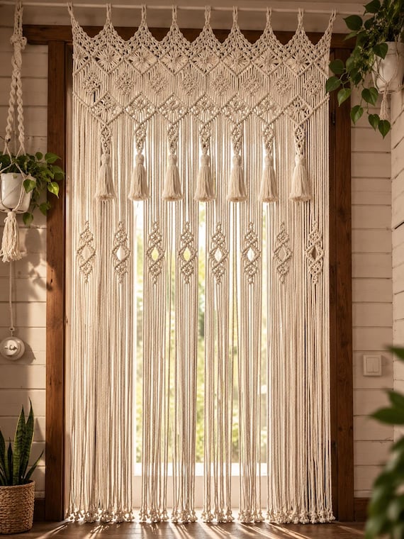 Macrame Door Curtain, Boho Doorway Curtain, Handmade Room Divider, Cotton Macrame Curtain, Bohemian Home Decor, Window Curtain