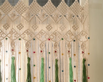 Cortina de macramé hecha a mano para puerta, tapiz bohemio para pared, cortina de cuerda de algodón, cortina de macramé con cuentas, separador de ambientes bohemio, decoración de ventanas,