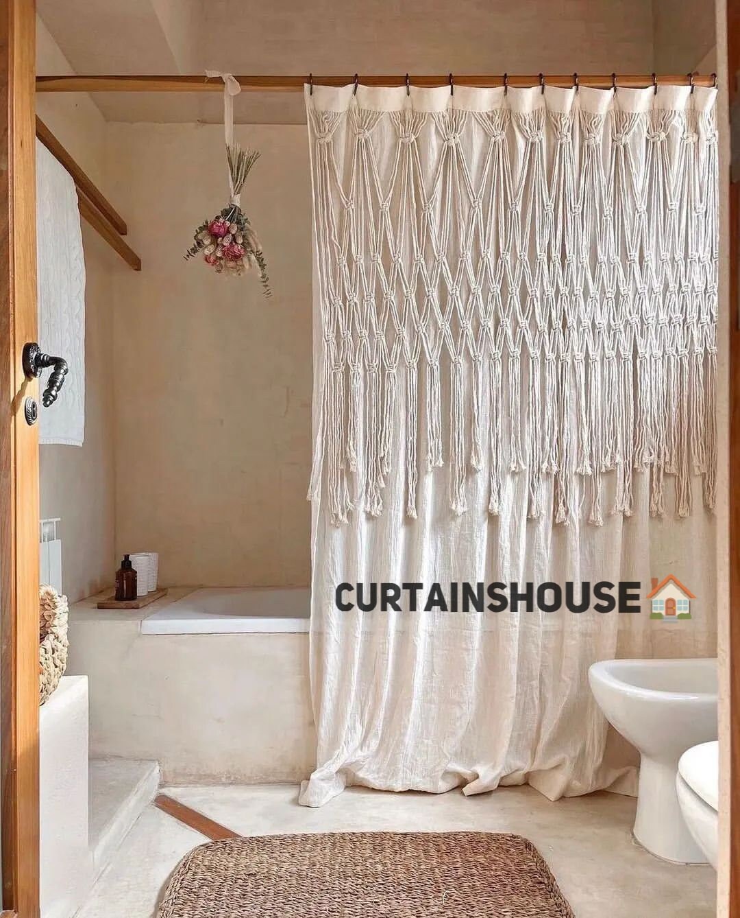 Premium Boho Shower Curtain Organic Cotton Fabric Macrame Shower