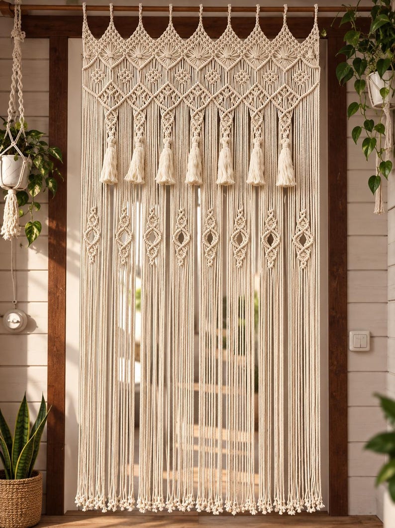 Puede incluir: Una cortina de puerta de macram&eacute; color crema con un intrincado patr&oacute;n de nudos en la parte superior, siete borlas colgantes y una serie de motivos en forma de diamante suspendidos a lo largo de largos flecos verticales.