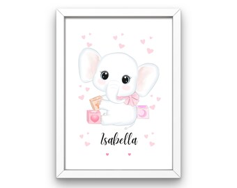 Pink Elephant Personalised Name Nursery Print, Baby Room Decor