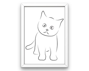 Kitten Line Art Digital Wall Print, Minimalist Nursery Decor