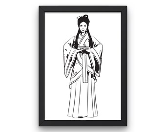 Chinese Woman Digital Art Print, China Hanfu Dress Print