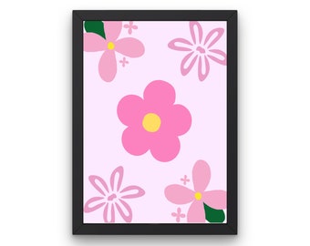 Retro Pink Flower Wall Print, Digital Wall Art, Pink Home Decor