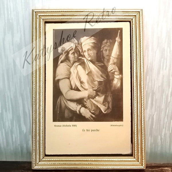 RARE art postcard Firenze - Galleria Pitti- Le Tre Parche by Michelangelo - framed vintage retro Uffizi Gallery Florence Italy antique Fates