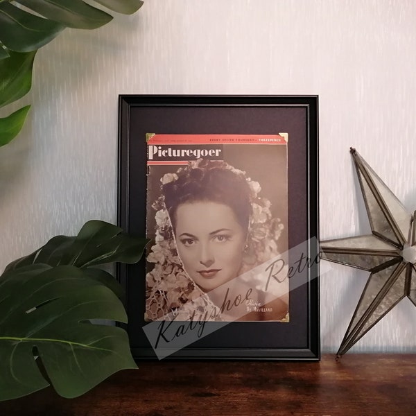 Vintage Olivia De Havilland 1940s PICTUREGOER película revista enmarcada pero extraíble cartel de la película arte de pared Hollywood belleza maquillaje peluquería actriz