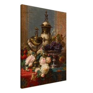 A Still Life With Roses, Grapes, And A Silver Inlaid Nautilus Shell, Jean-Baptiste Robie, Fine Art Print on Canvas