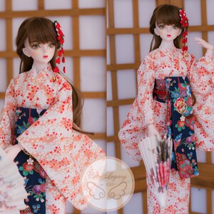 Vintage Doll Clothes, Smart Doll Clothes, 1/3 BJD Clothes, Vintage Doll Kimono, Japanese Kimono Outfit, Peach Flower Kimono