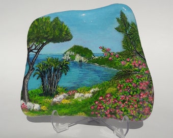 Stone painting of a cove scenery,stone art,rock art,sea scape painting,painted rock,painted stone,decorative object,rock painting