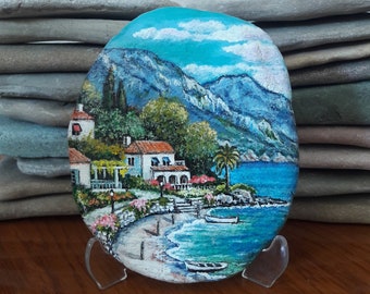 Acrylic landscape painting, stone painting, hand painted stone for home decoration, rock art, decorative object, stone art