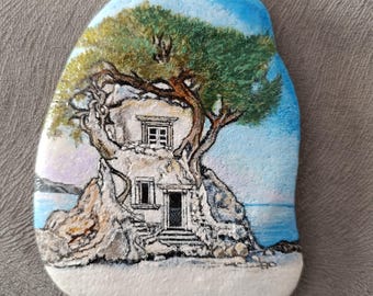 Nature-Inspired Stone Art - Hand Painted Acrylic Rock, Decorative Object for Home, Landscape Painting