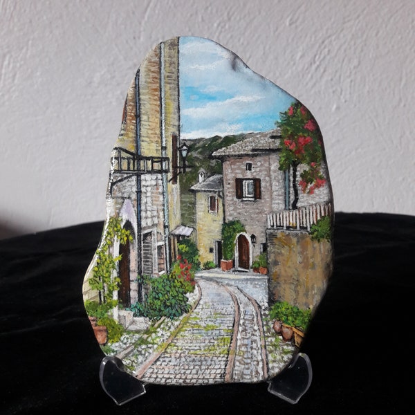 Stone painting of an italian street scenery,stone art,rock art,painted rock,painted stone,decorative object,rock painting