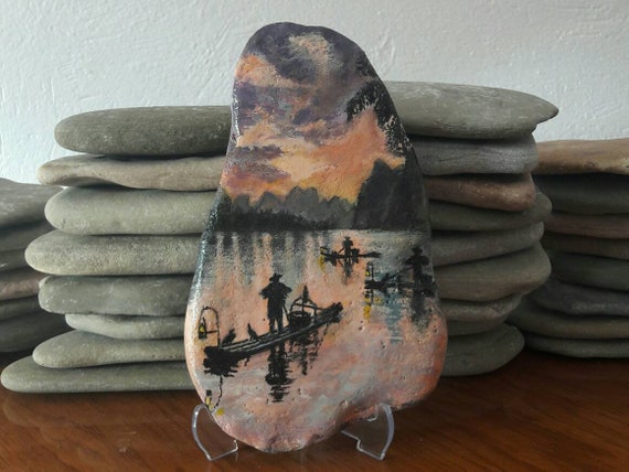 Stone Painting of Fishermen, Rock Art Decor, Hand Painted Fishermen on Acrylic Stone, Gift for Fishing Enthusiasts, Wall art, rock paintings