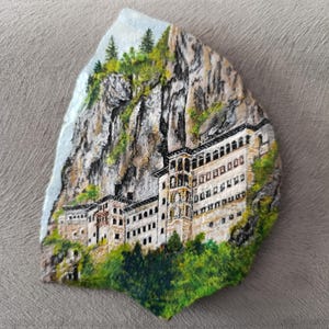 Custom Stone Painting of a Monastery, Acrylic Landscape Painting, Whimsical Custom Stone Art Handpainted in Acrylic, Perfect for Wall Decor