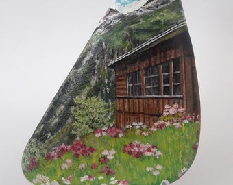 Cabaña de montaña en piedra pintada a mano: pintura acrílica única