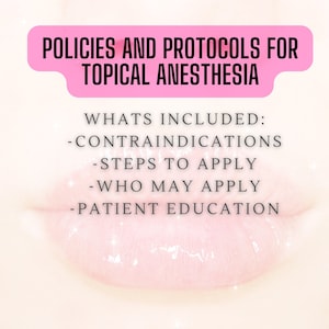 May include: A pink banner with the text "POLICIES AND PROTOCOLS FOR TOPICAL ANESTHESIA" is displayed over a blurred image of lips. Below the banner, the text "WHATS INCLUDED: -CONTRAINDICATIONS -STEPS TO APPLY -WHO MAY APPLY -PATIENT EDUCATION" is visible.