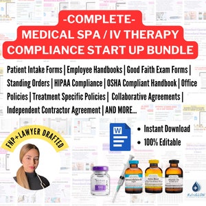 May include: A digital download bundle for medical spas and IV therapy businesses. The bundle includes a variety of forms, handbooks, and agreements to help businesses comply with regulations. The bundle is 100% editable and includes a variety of resources, including patient intake forms, employee handbooks, good faith exam forms, standing orders, HIPAA compliance, OSHA compliant handbook, office policies, treatment specific policies, collaborative agreements, independent contractor agreement, and more. The bundle is available for instant download.