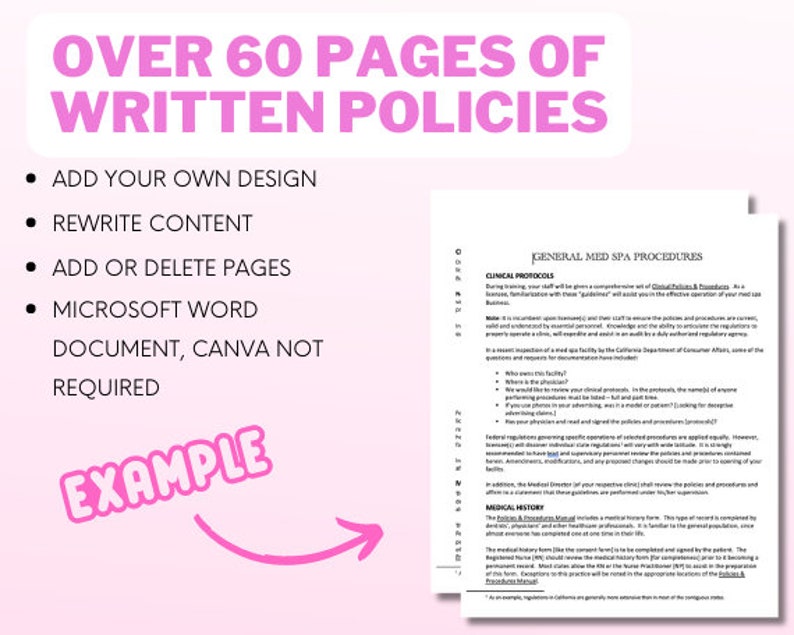 Med Spa Policies & Procedures Manual, SOP, Aesthetics Policy, Editable