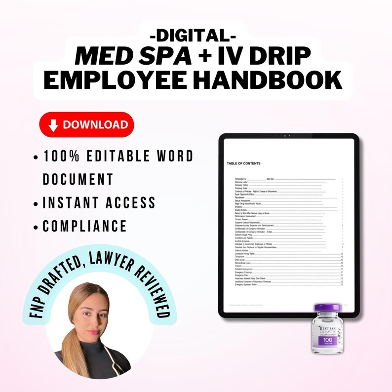 K&ouml;nnte beinhalten: Digitales Med Spa + IV Drip Mitarbeiterhandbuch. Das Bild zeigt ein Tablet mit einem Inhaltsverzeichnis, eine Flasche Botox 100 und den Text "100% Editable Word Document, Instant Access, Compliance."