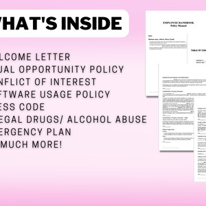 K&ouml;nnte beinhalten: Eine rosa-wei&szlig;e Grafik listet den Inhalt eines Arbeitgeberhandbuchs auf. Der Text "WHAT'S INSIDE" steht oben. Die Liste umfasst ein Willkommensschreiben, eine Gleichstellungspolitik, eine Kleiderordnung und mehr. Mehrere Seiten des Handbuchs sind sichtbar.