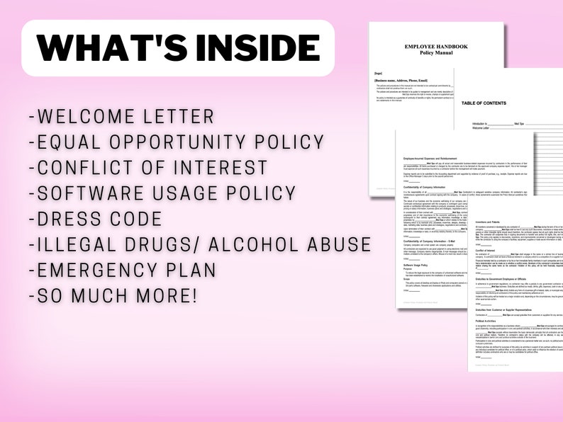K&ouml;nnte beinhalten: Eine rosa-wei&szlig;e Grafik listet den Inhalt eines Arbeitgeberhandbuchs auf. Der Text "WHAT'S INSIDE" steht oben. Die Liste umfasst ein Willkommensschreiben, eine Gleichstellungspolitik, eine Kleiderordnung und mehr. Mehrere Seiten des Handbuchs sind sichtbar.