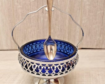 Vintage Cobalt Blue Glass Sugar & Jam Bowl Set with Tudor Plate Spoon