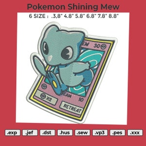 Può includere: Un toppa da stirare Pokemon Shining Mew blu chiaro e rosa con il testo "EW 30", "X2", "BEAM 10" e "RETREAT". La toppa è disponibile in sei misure: 9,7 cm, 12,2 cm, 14,7 cm, 17,3 cm, 19,8 cm e 22,4 cm.