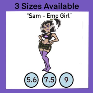 Pode incluir: Uma ilustração de desenho animado de uma menina com cabelo preto e roupa roxa. A imagem inclui o texto "Sam - Emo Girl" e mostra três círculos com os números 5.6, 7.5 e 9.