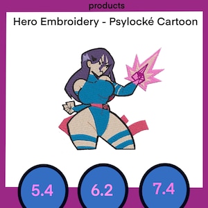 May include: Embroidered cartoon image of a purple-haired superhero with pink energy blasts, titled "Hero Embroidery - Psylocke Cartoon".