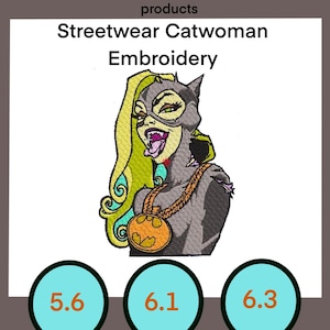 May include: Embroidered design of Catwoman in a streetwear style, wearing a black catsuit with a gold chain and a large orange Batman logo pendant. The design is on a white background with the text "Streetwear Catwoman Embroidery" above it.