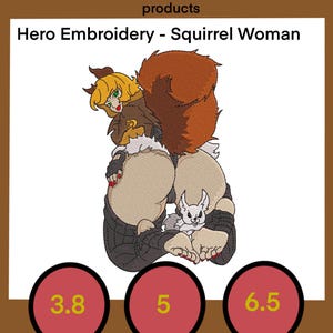 May include: Embroidered design of a squirrel woman with a bushy tail, wearing a brown jacket and black pants. She is holding a small white squirrel in her hands. The design is on a white background with three red circles with yellow numbers: 3.8, 5, and 6.5.