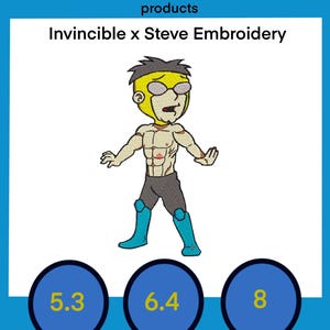 May include: Invincible x Steve Embroidery. A cartoon character with a yellow mask and blue pants is shown in a fighting pose. The character is standing on a white background. There are three circles below the character with numbers 5.3, 6.4, and 8.