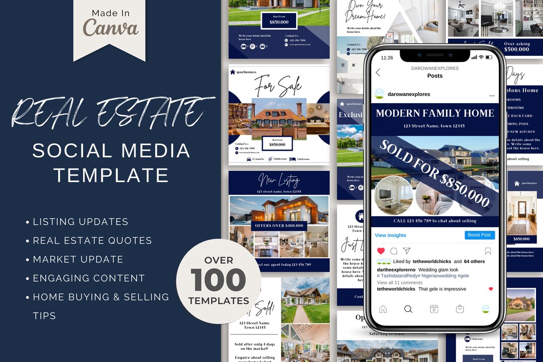 100 Navy Blue Real Estate Social Media Canva Template, Real Estate