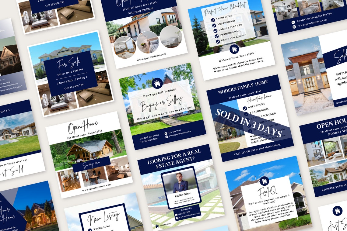100 Navy Blue Real Estate Social Media Canva Template, Real Estate
