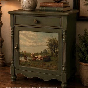 May include: A dark olive green wooden nightstand featuring a single drawer with a round brass knob and a lower cabinet door. The door panel displays a pastoral landscape painting of cows grazing in a field under a cloudy sky.