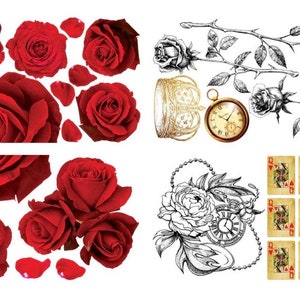 May include: A digital collage sheet featuring red roses, rose petals, a gold crown, a pocket watch, playing cards, and black and white line drawings of roses and a pocket watch.
