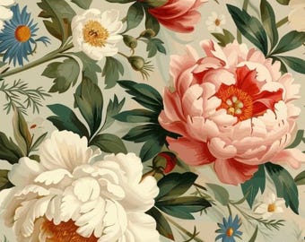 May include: A floral pattern featuring large, detailed peony blooms in shades of pink and red, interspersed with smaller white and blue flowers. The design has a vintage, botanical aesthetic, with green leaves and a soft, light green background.